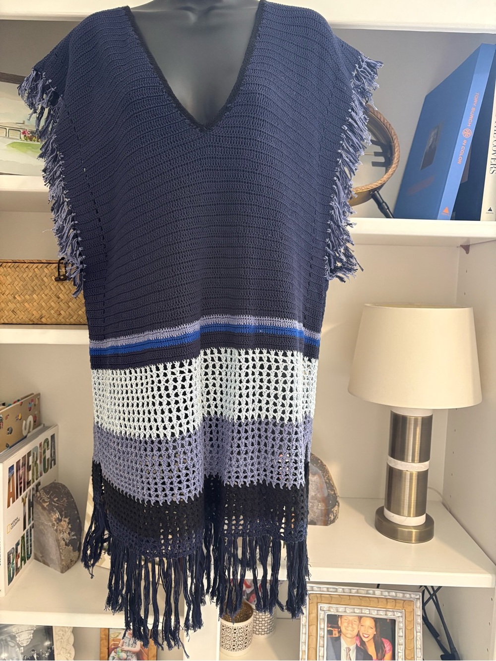Lemlem Navy Crochet Open-Weave Poncho Coverup